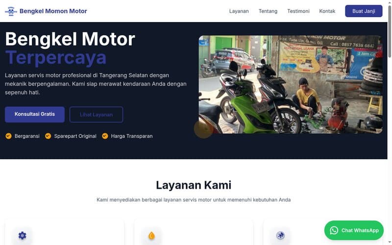 Website bengkel servis sepeda motor Bengkel Momon Motor Tangerang Selatan dengan layanan booking online dan SEO lokal