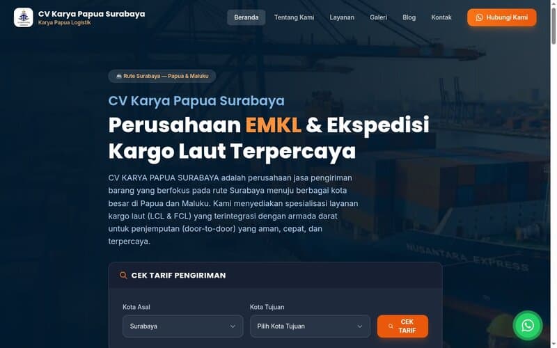 Website perusahaan ekspedisi Karya Papua Logistik dengan fitur tracking pengiriman dan CBM calculator rute Surabaya-Papua